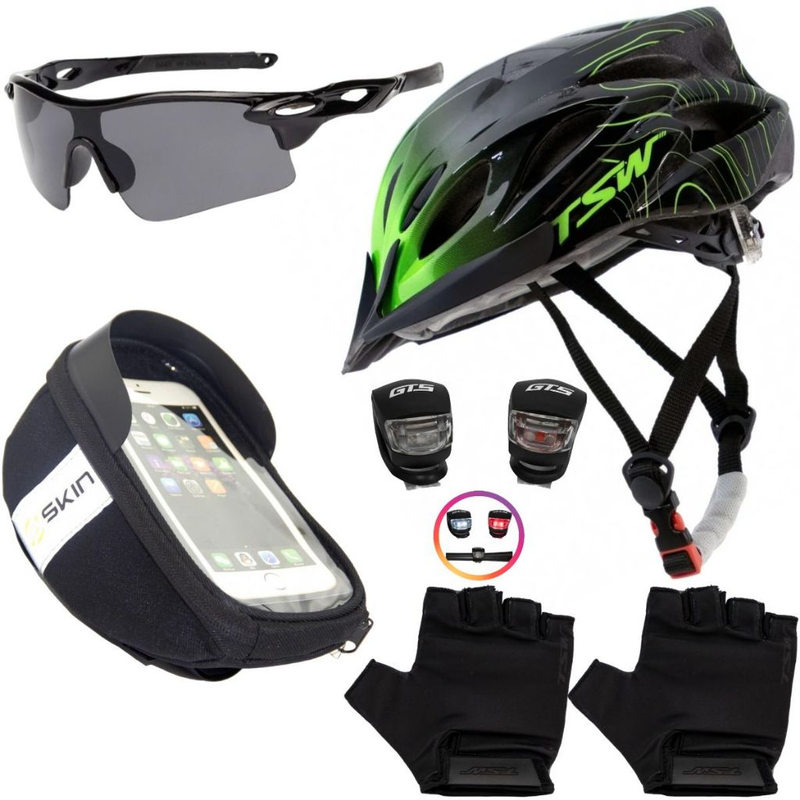 Kit Ciclismo Completo – Capacete + Porta Celular + Pisca + Óculos + Luvas