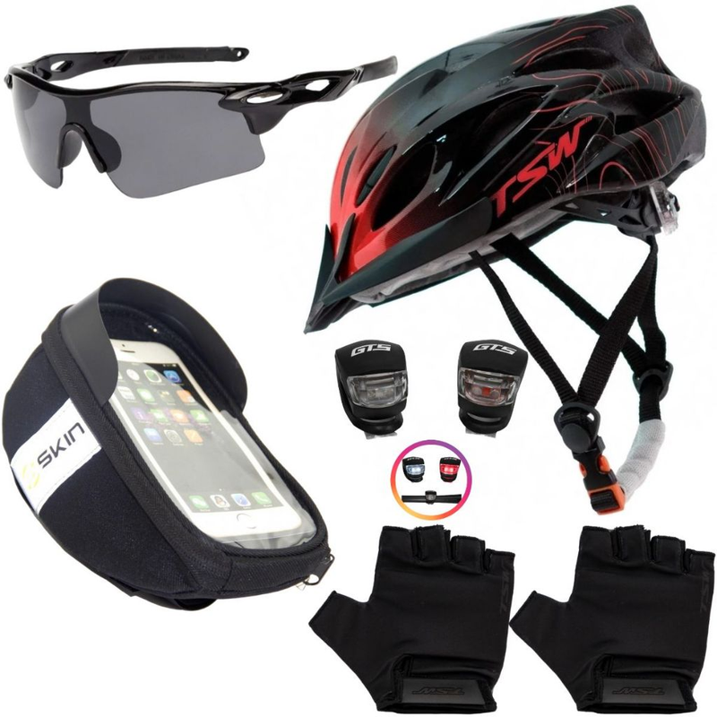 Kit Ciclismo Completo – Capacete + Porta Celular + Pisca + Óculos + Luvas