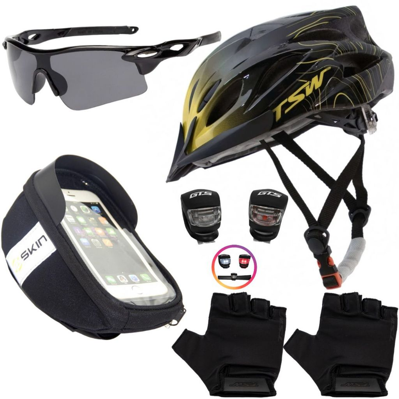 Kit Ciclismo Completo – Capacete + Porta Celular + Pisca + Óculos + Luvas