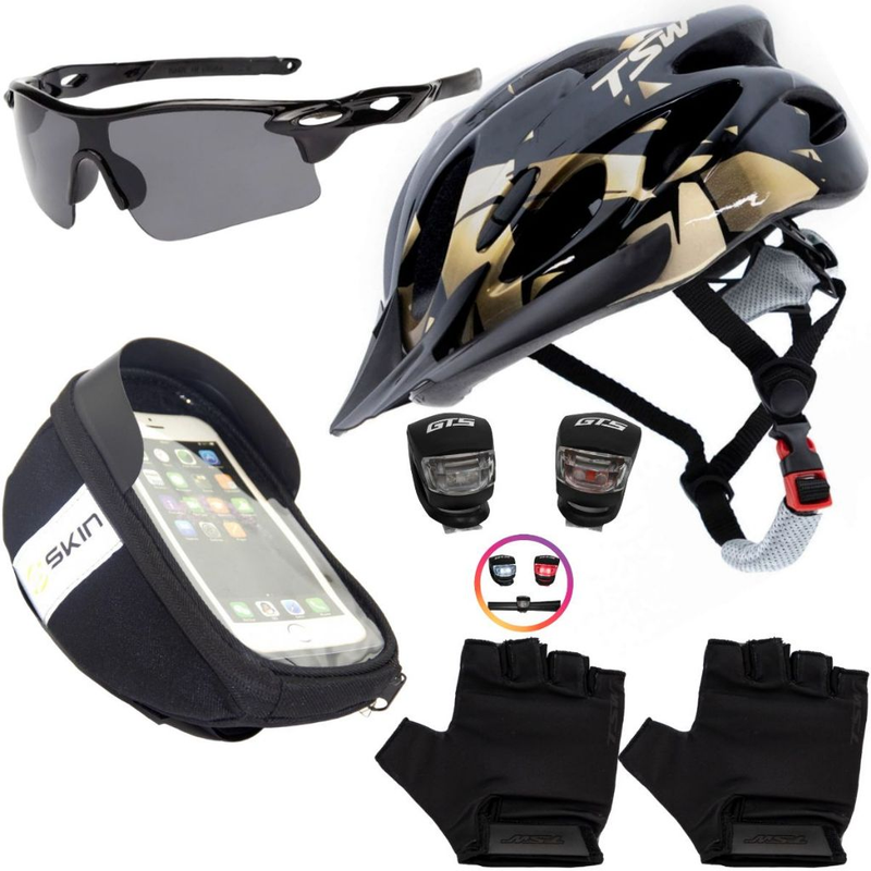 Kit Ciclismo Completo – Capacete + Porta Celular + Pisca + Óculos + Luvas