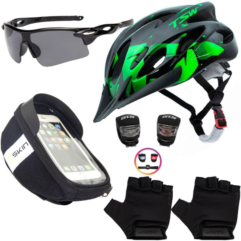 Kit Ciclismo Completo – Capacete + Porta Celular + Pisca + Óculos + Luvas