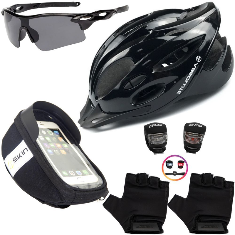 Kit Ciclismo Completo – Capacete + Porta Celular + Pisca + Óculos + Luvas