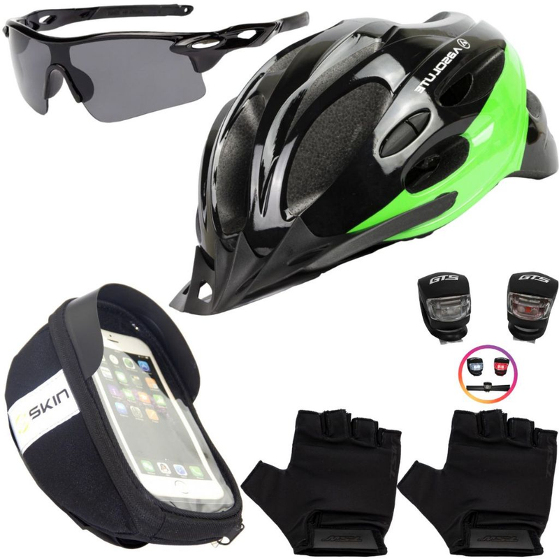 Kit Ciclismo Completo – Capacete + Porta Celular + Pisca + Óculos + Luvas