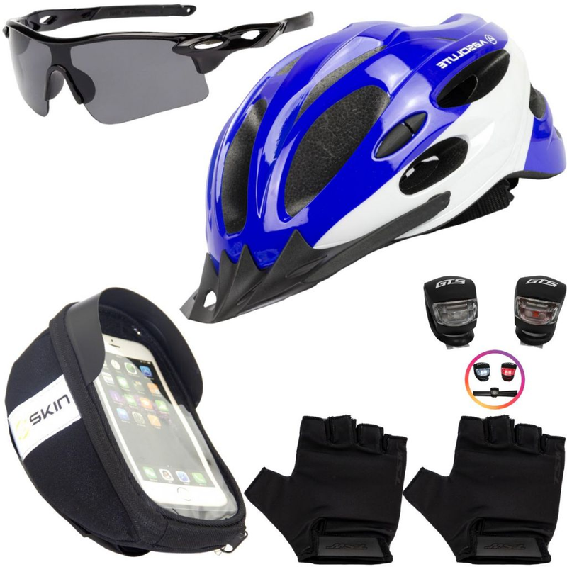 Kit Ciclismo Completo – Capacete + Porta Celular + Pisca + Óculos + Luvas