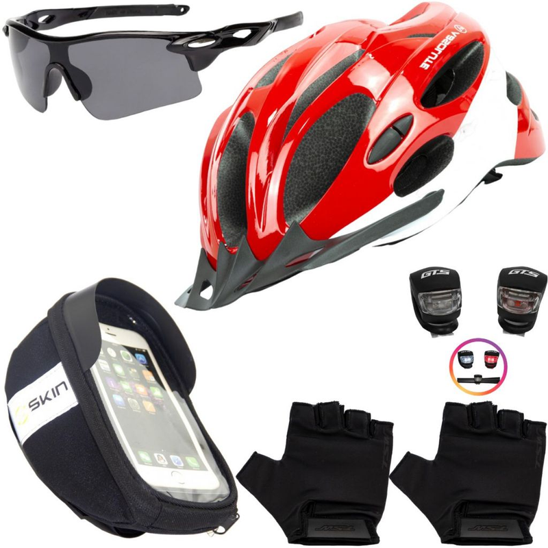 Kit Ciclismo Completo – Capacete + Porta Celular + Pisca + Óculos + Luvas