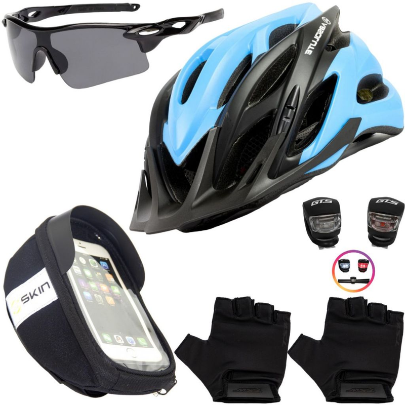 Kit Ciclismo Completo – Capacete + Porta Celular + Pisca + Óculos + Luvas