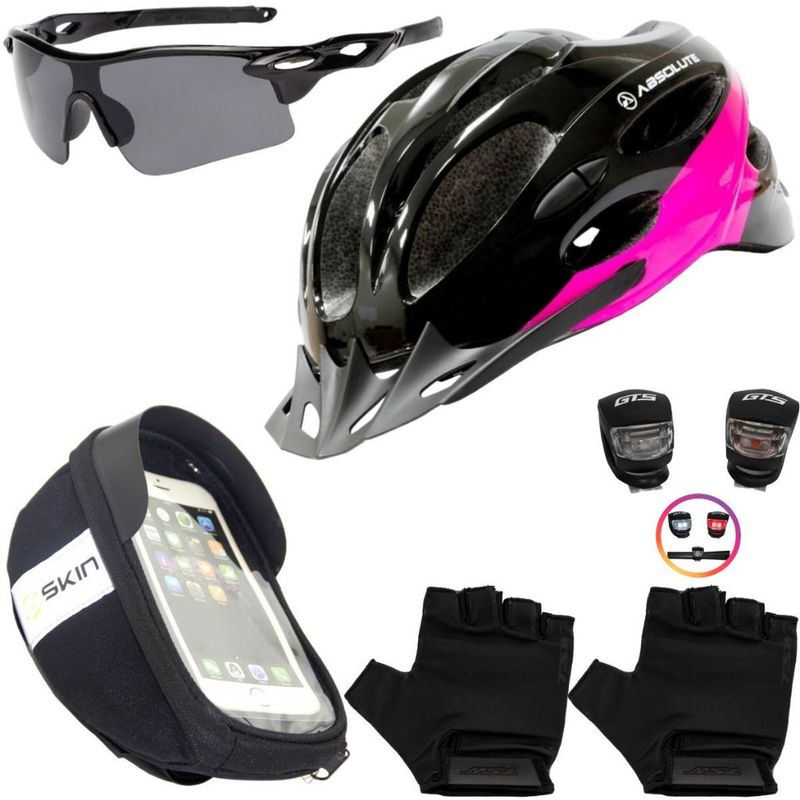 Kit Ciclismo Completo – Capacete + Porta Celular + Pisca + Óculos + Luvas