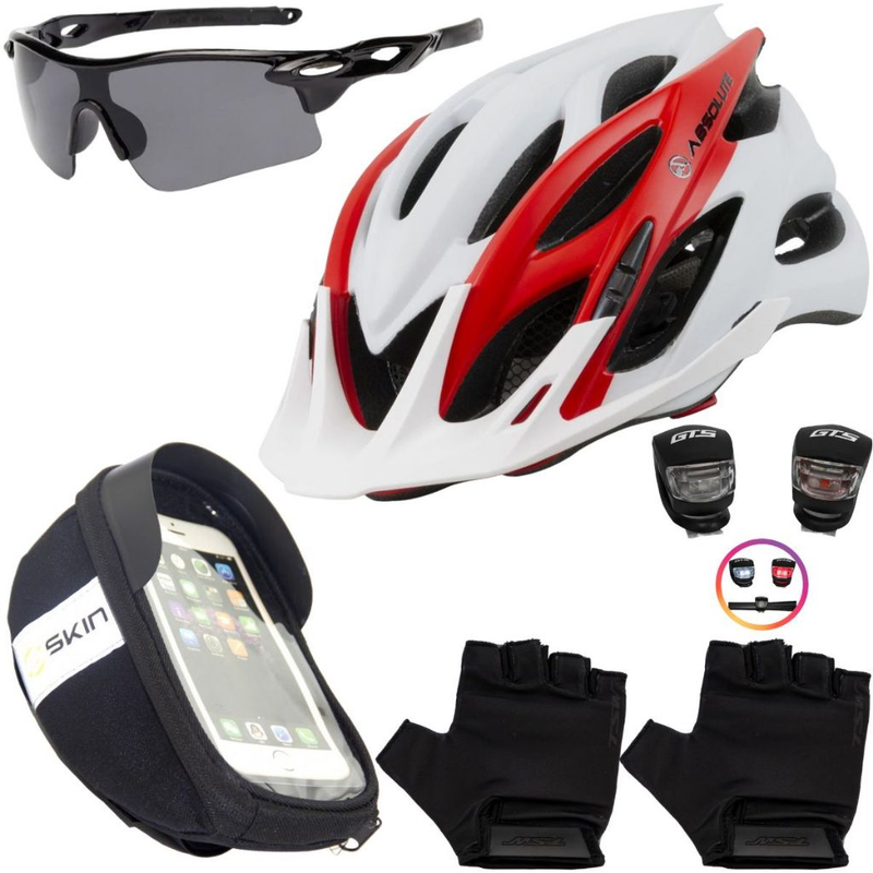 Kit Ciclismo Completo – Capacete + Porta Celular + Pisca + Óculos + Luvas