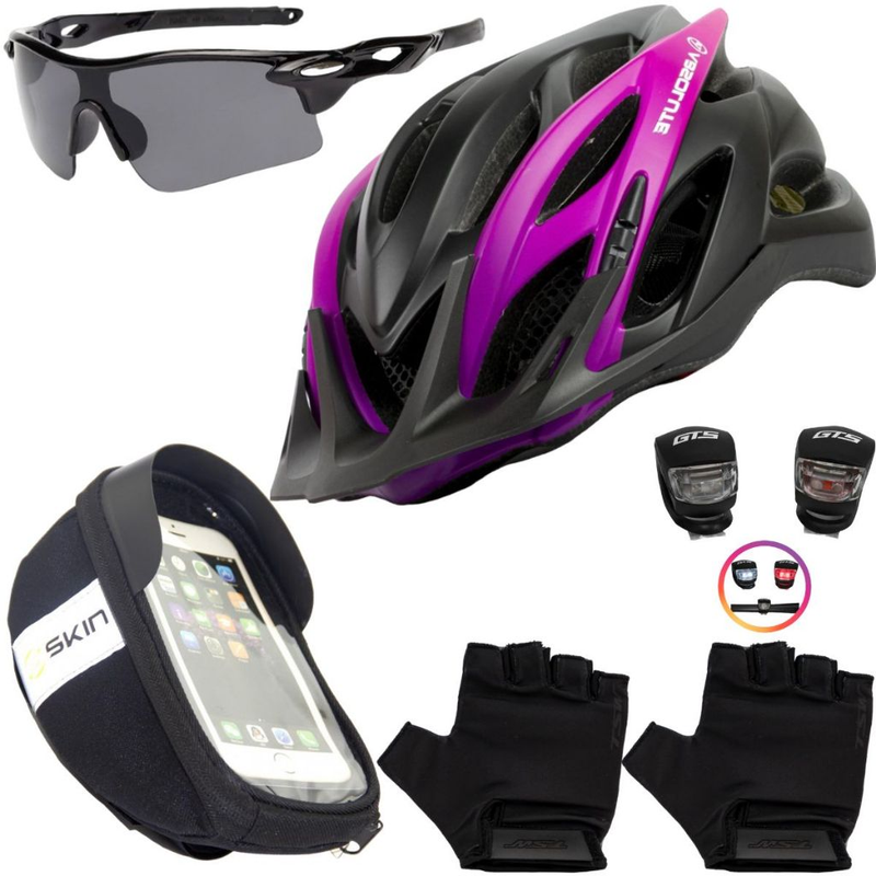 Kit Ciclismo Completo – Capacete + Porta Celular + Pisca + Óculos + Luvas