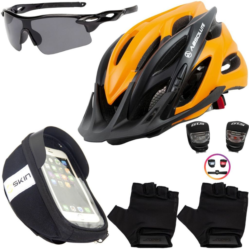 Kit Ciclismo Completo – Capacete + Porta Celular + Pisca + Óculos + Luvas