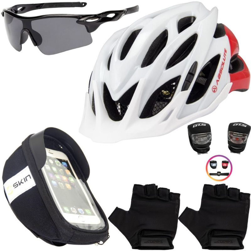 Kit Ciclismo Completo – Capacete + Porta Celular + Pisca + Óculos + Luvas