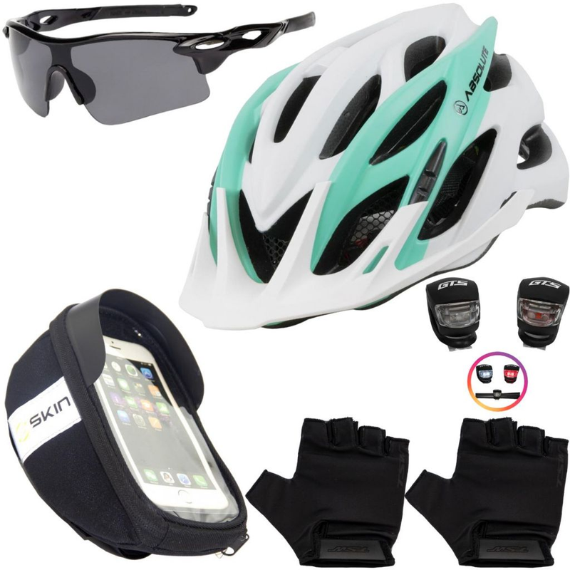 Kit Ciclismo Completo – Capacete + Porta Celular + Pisca + Óculos + Luvas