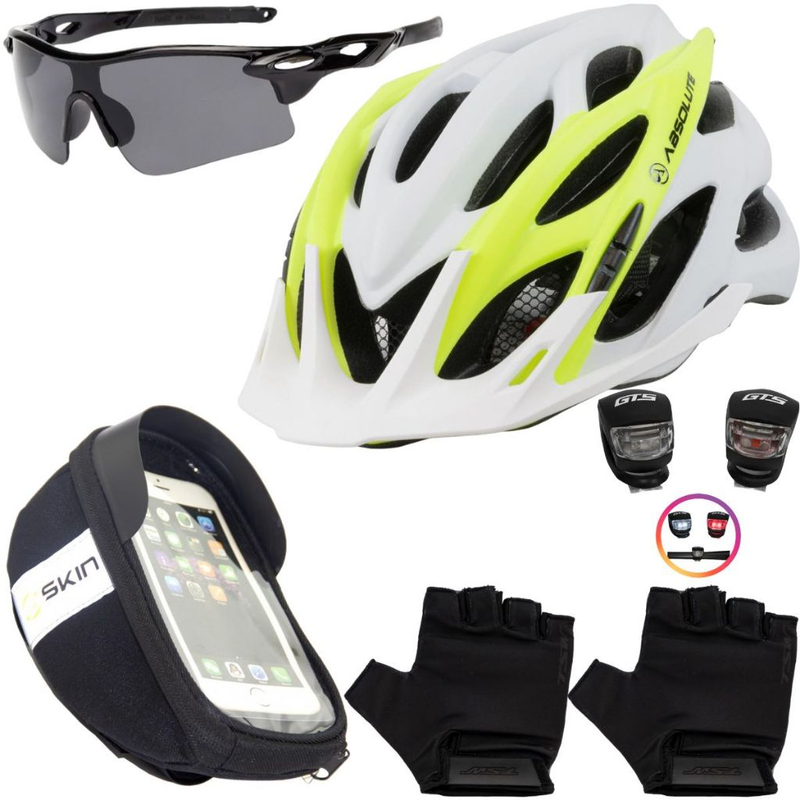 Kit Ciclismo Completo – Capacete + Porta Celular + Pisca + Óculos + Luvas