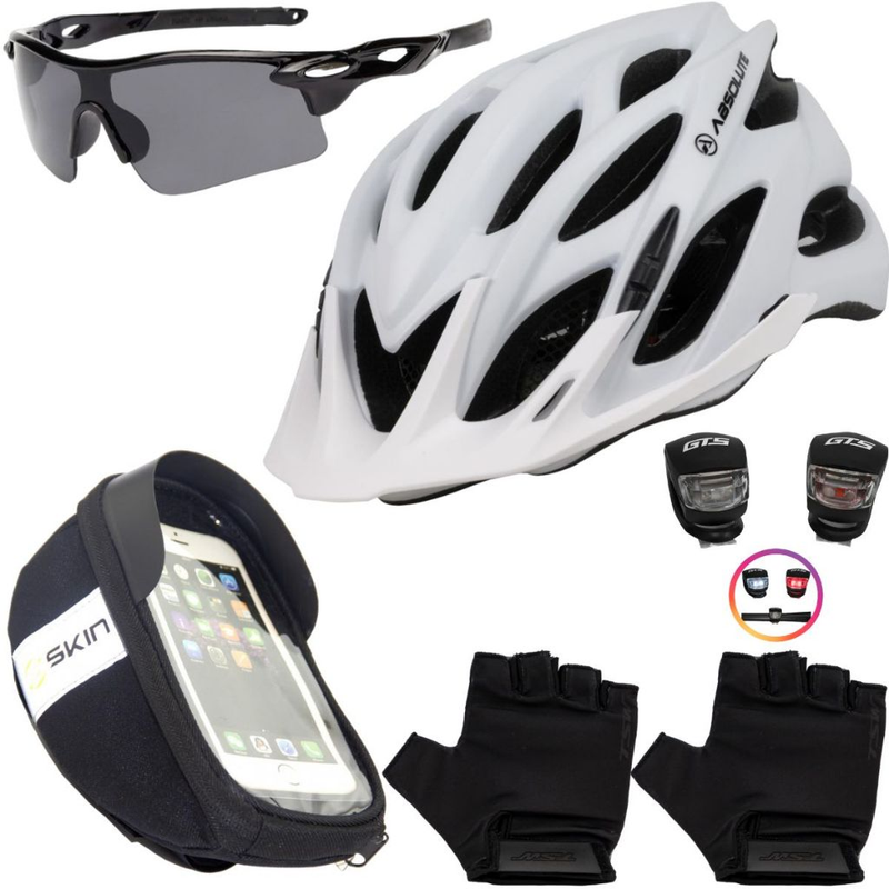 Kit Ciclismo Completo – Capacete + Porta Celular + Pisca + Óculos + Luvas